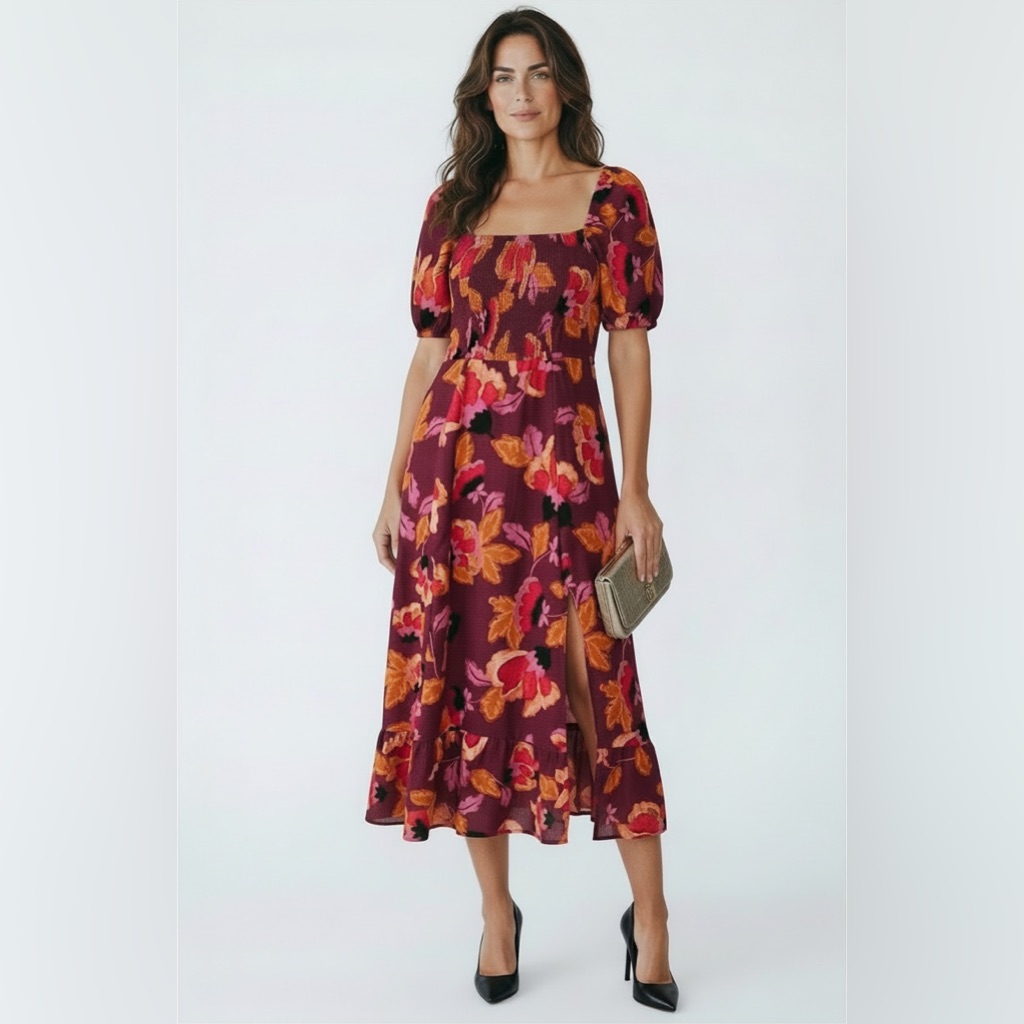 London Times Floral Square Neck Smocked Midi Dress Size 10 Burgundy Slit New